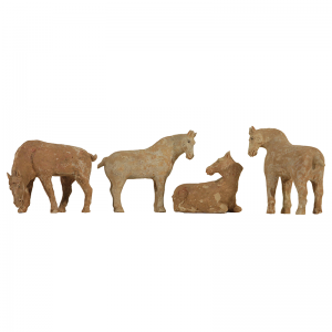 A SET OF 4 PAINTED POTTERY HORSES