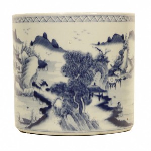 A Chinese blue and white porcelain brush pot with harbor scene