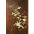 A JAPANESE MOTHER OF PEARL AND IVORY CARVING INLAY ON WOODEN PANEL