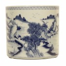 A Chinese blue and white porcelain brush pot with harbor scene