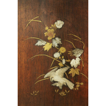 A JAPANESE MOTHER OF PEARL AND IVORY CARVING INLAY ON WOODEN PANEL