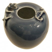 A blue glazed porcelain brush washer with gecko decoration