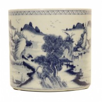 A Chinese blue and white porcelain brush pot with harbor scene